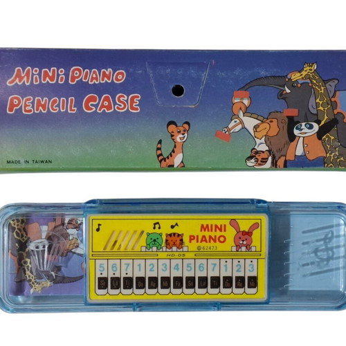 Vintage school pencil case with mini piano from the 80s new