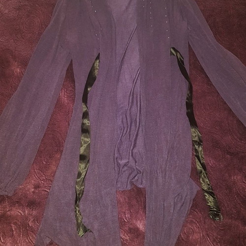 Best Manuel purple sheer cardigan with satin ribbon, size Medium