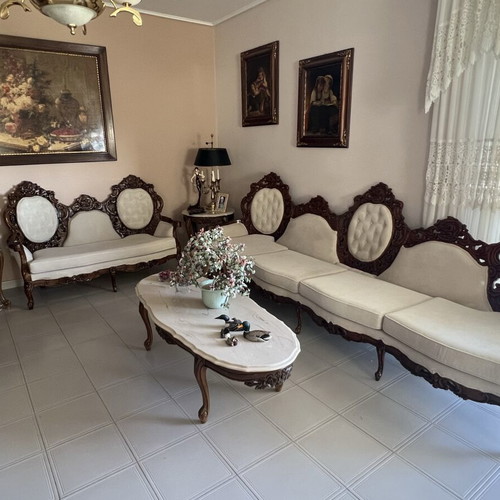 Carved Canadian Solid Wood Living Room Set like new with Marble Tables
