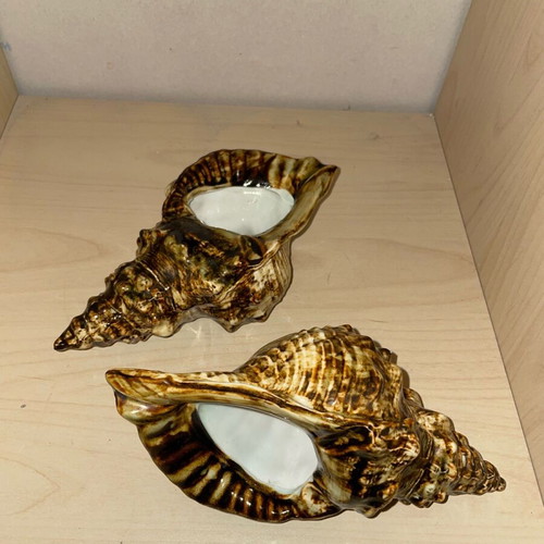 Japanese Ceramic Shells vintage pair with iridescent glaze