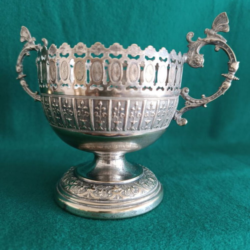 Vintage silver-plated Art Nouveau sugar bowl with blown red glass insert like new