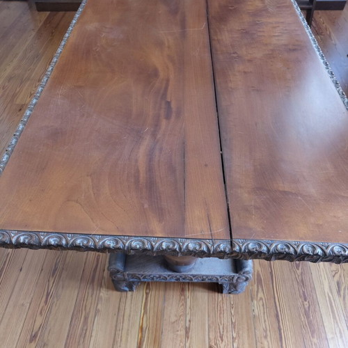 Solid Large Wooden Dining Table with Two Chairs used