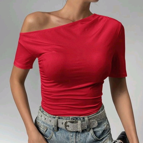 Women's blouse with one shoulder red satin type medium size