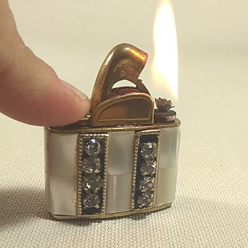 Evans vintage lighter refurbished 1950s with mother of pearl and glass rhinestones