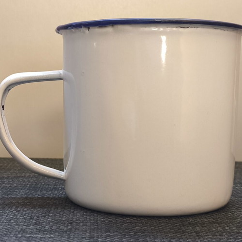 Vintage enamel coffee set with original box, pot and 4 mugs