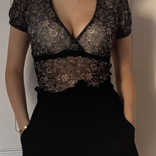 Mexx vintage sheer black floral mesh top with lace trim size S like new