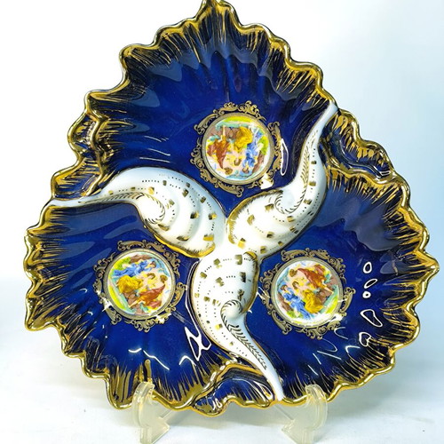 Vintage Limoges porcelain serving plate with cobalt blue and gold details like new