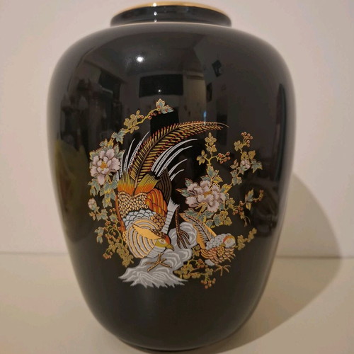 Corfu porcelain vase black with flowers and birds pattern like new