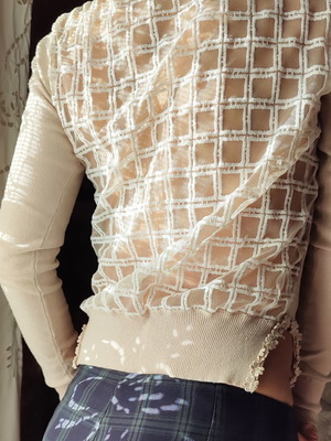 Cashmere blend cardigan used with transparent back and checkered lace