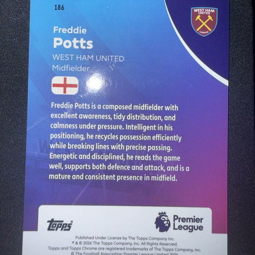 2025-26 Topps Chrome Premier League Freddie Potts RC Red Refractor card like new