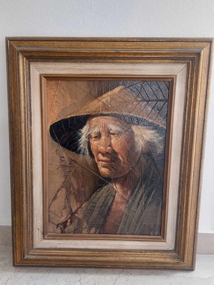 Original vintage oil painting on tobacco leaves used