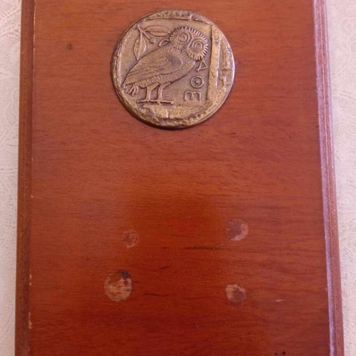 Bronze tetradrachm owl used on wooden plaque