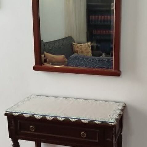 Vintage entry table, mirror and coat rack used, dark brown wood