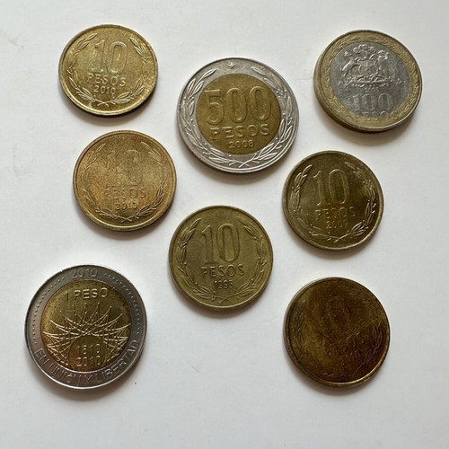 Set of 8 Chilean and Argentine coins used