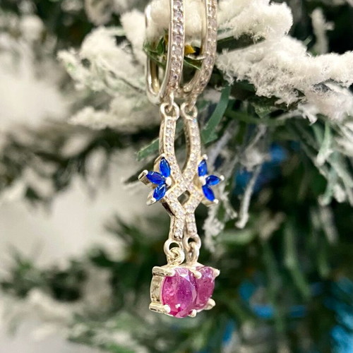 Handmade silver earrings with natural ruby, sapphire and moissanite