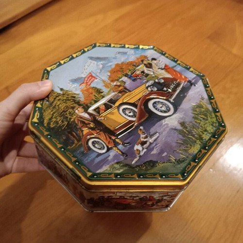 Vintage metallic box from Denmark like new, hexagonal with car design