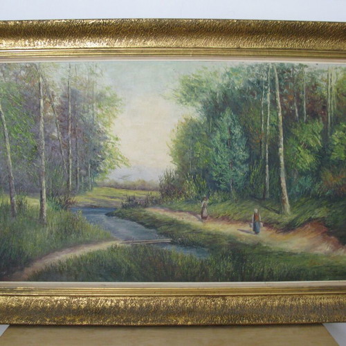 Oil painting canvas like new with carved golden wooden frame