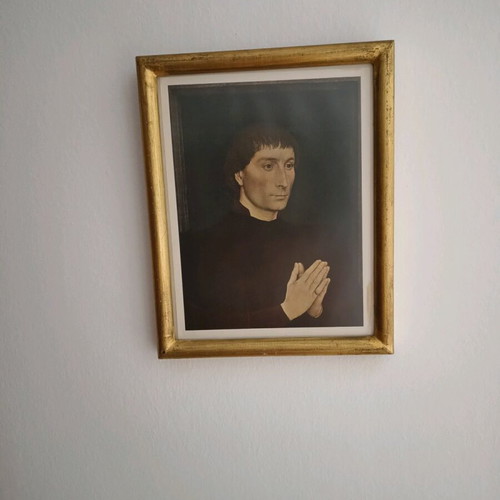 Framed painting Catholic monk praying with wooden frame and gold leaf like new