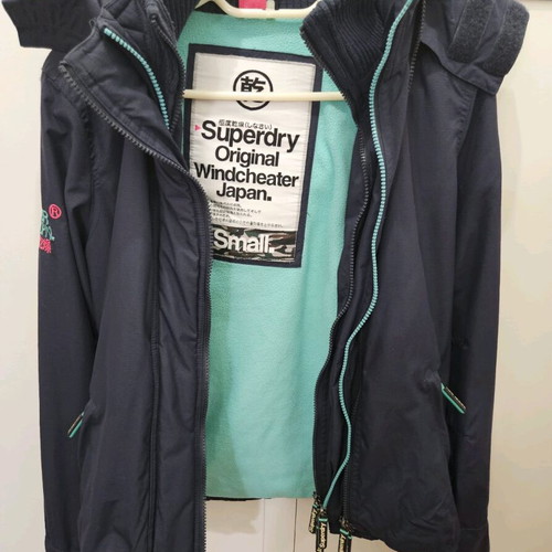 Superdry windcheater jacket like new, fleece lined, waterproof, blue, size S