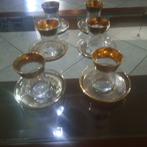 Turkish tea set unused with gold decoration, 6 glasses and 6 plates