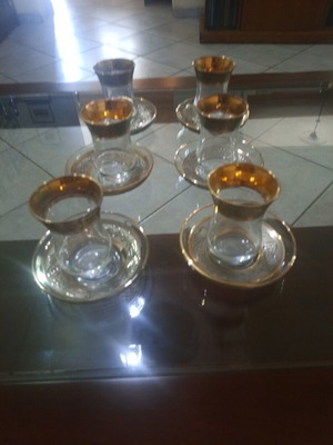 Turkish tea set unused with gold decoration, 6 glasses and 6 plates