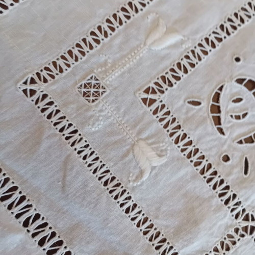 Handmade white large cutwork tablecloth 1x1 French linen