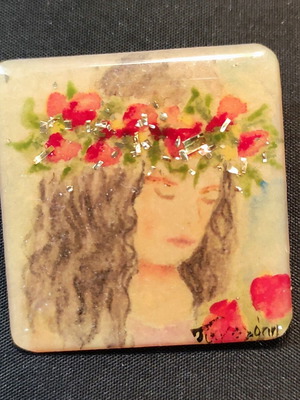 Square handmade brooch with artistic woman depiction