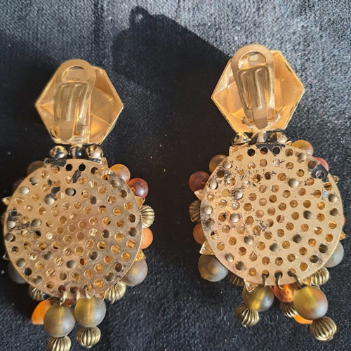 Vintage Italian long earrings with clips and topaz coral beads