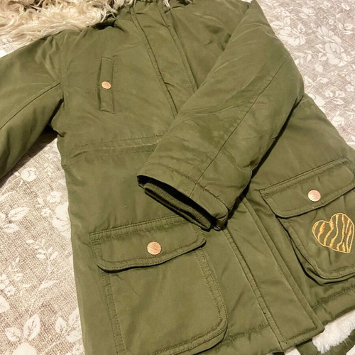 Orchestra girls' jacket new for 5-6 years, 116 cm, khaki with fur lining