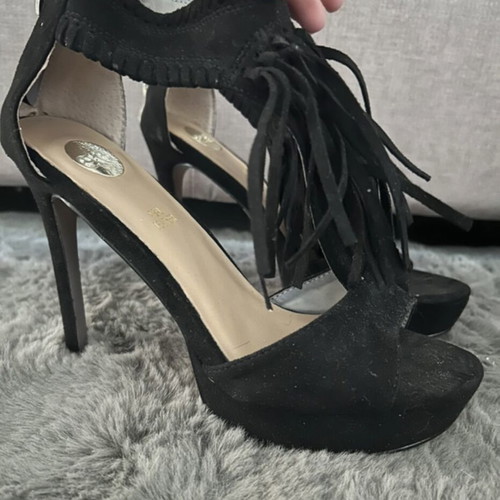 High Heels used, black platform sandals with fringes and zipper, size 38