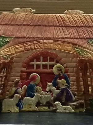 Cardboard embossed nativity scene used, 3 pieces, 42x27 cm
