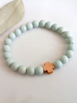 Bracelet with cross and mint green wooden beads new