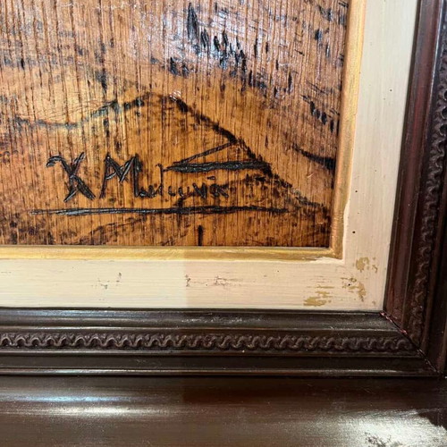 Vintage pyrography wall art with shipwreck scene and artist signature, 49x58