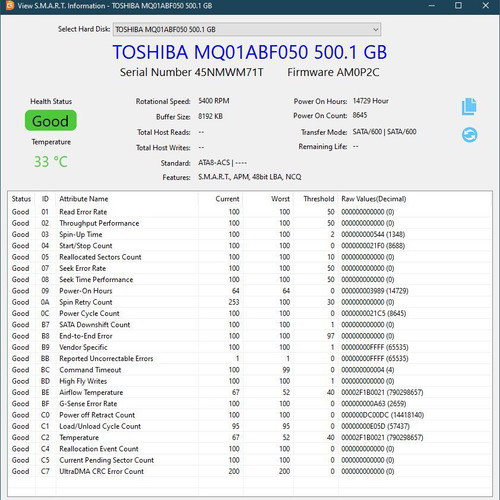 Toshiba MQ01ABF050 500GB SATA III 2.5" hard drive used