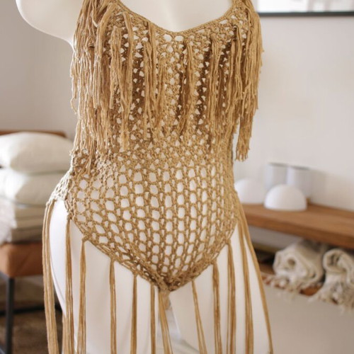 Beachwear one-piece new, boho chic brown with tassels