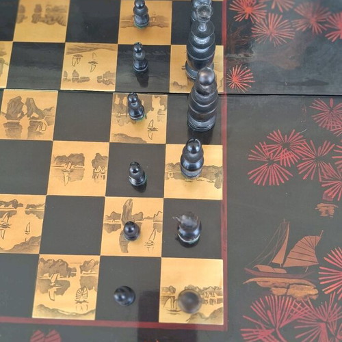 Vintage handmade chess and backgammon set 1960s mahogany and olive used