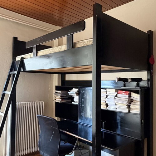 Custom half-double loft bed 120×200 with bookshelf