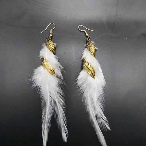 Earrings with white feather new, gold details