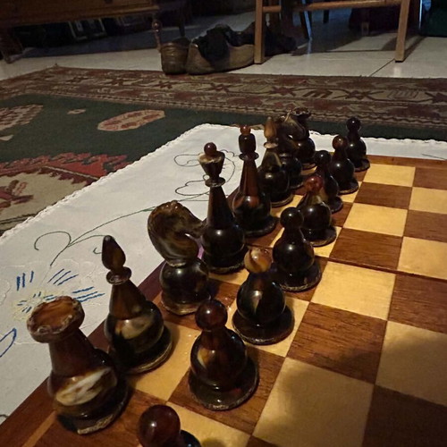 Amber Chess Set used, Soviet Union, pressed elektron material
