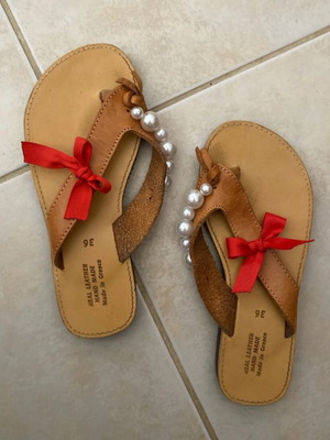 Leather sandals handmade in Greece used, size 36, white and brown