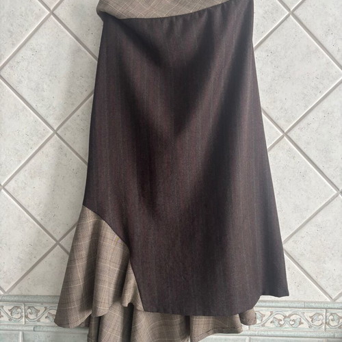 Antonio Markos asymmetrical designer midi skirt, pinstripe and checked