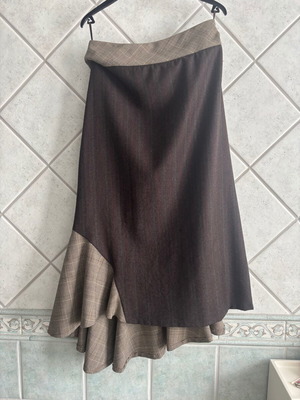 Antonio Markos asymmetrical designer midi skirt, pinstripe and checked