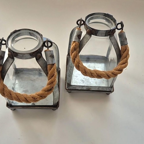 Two lanterns galvanized metal with rope, like new, 10x10cm