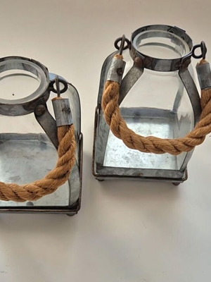 Two lanterns galvanized metal with rope, like new, 10x10cm