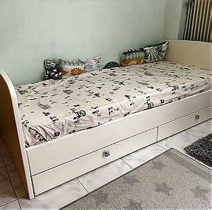 Κρεβάτι από μασίφ ξύλο, λευκό λάκα 90x190 με 2 συρτάρια