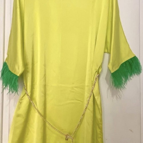 Lime satin short dress new with feathers and chain belt