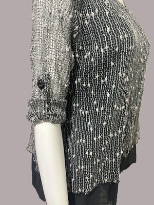 Mesh blouse used L gray and beige with transparent sleeves