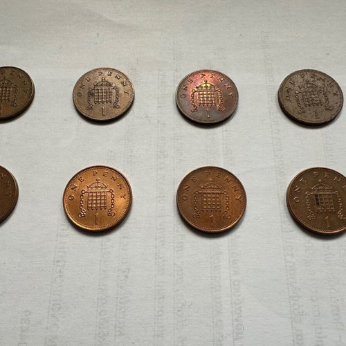 One penny coins used, pack of 8, Great Britain