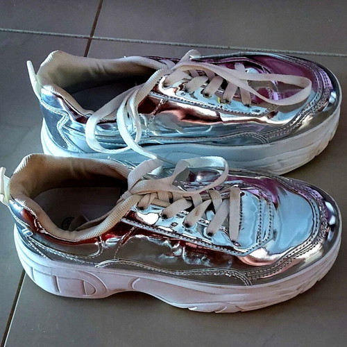 Silver Sneakers size 37 like new, chunky sole, synthetic leather