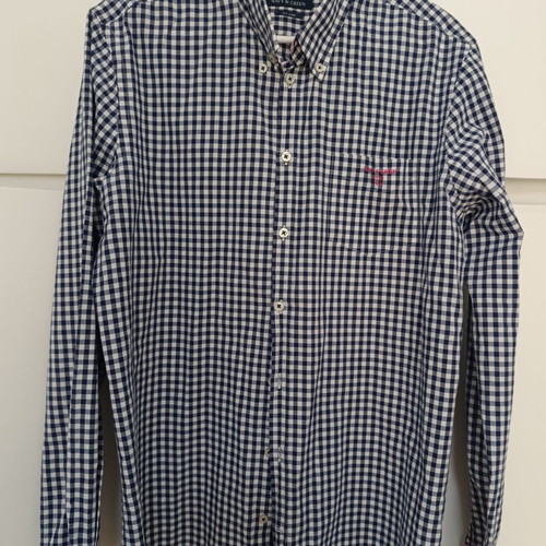 Navy & Green men's dress shirt, blue and white, size M